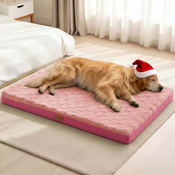 Patas Lague Orthopedic Dog Bed Large Sized Dog 36''X24'', Waterproof Soft Comfortable Egg Crate Foam Large Pet Beds Crate Mat with Removable Washable Cover and Nonskid Bottom, Pink