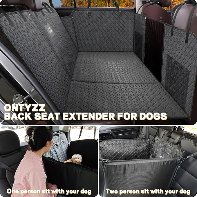 ONTYZZ Dog Car Back Seat Extender - 440LBS Heavy Duty, Pet Camping Air Mattress with Mesh Window, Hard Bottom Dogs Hammock for Car/SUV/Truck, Waterproof Non-Slip Dog Car Seat Cover, Black