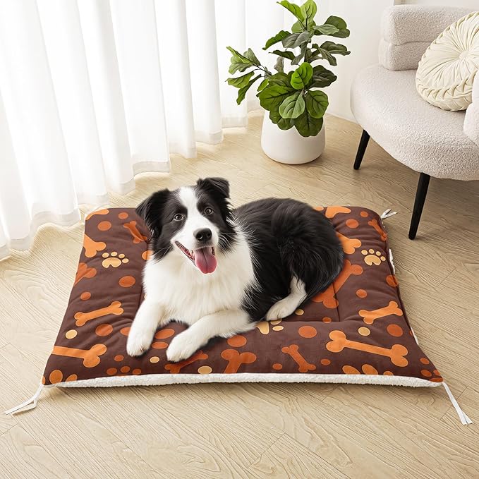 Dog Crate Bed Washable Crate Pad Cartoon Paws Bone Printed Soft Fluffy Pet Sleeping Mat for Large Medium Small Animals(Bone-4 L)