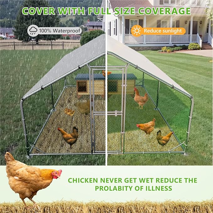 Large Chicken Coop,Metal Chicken Run for Yard with Feeding Door,Walk-in Chicken Pen for 10-20 Chickens,Outdoor Poultry Cage with Anti-UV Cover,Duck Rabbit House