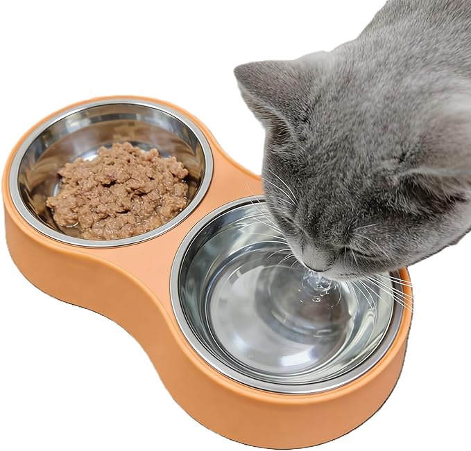 Small Orange Double Pet Bowl – Non-Slip Stainless Steel Food & Water Set for Cats, Kittens & Small Dogs, BPA-Free Mess-Free Feeding Dishes