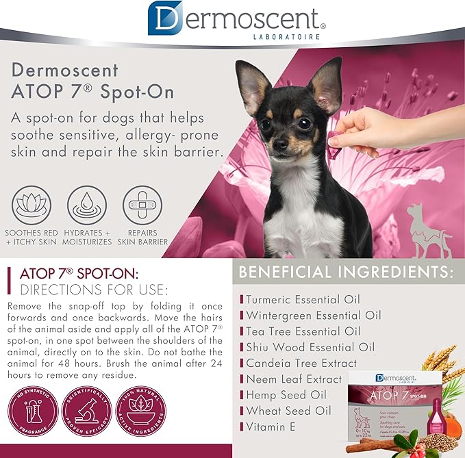 Dermoscent ATOP 7 spot-on - Dogs and Cats Up to 22lbs - Soothing Care for Sensitive, Dry and Itchy Skin or Allergy Prone Skin - Natural Ingredients - 4 pipettes