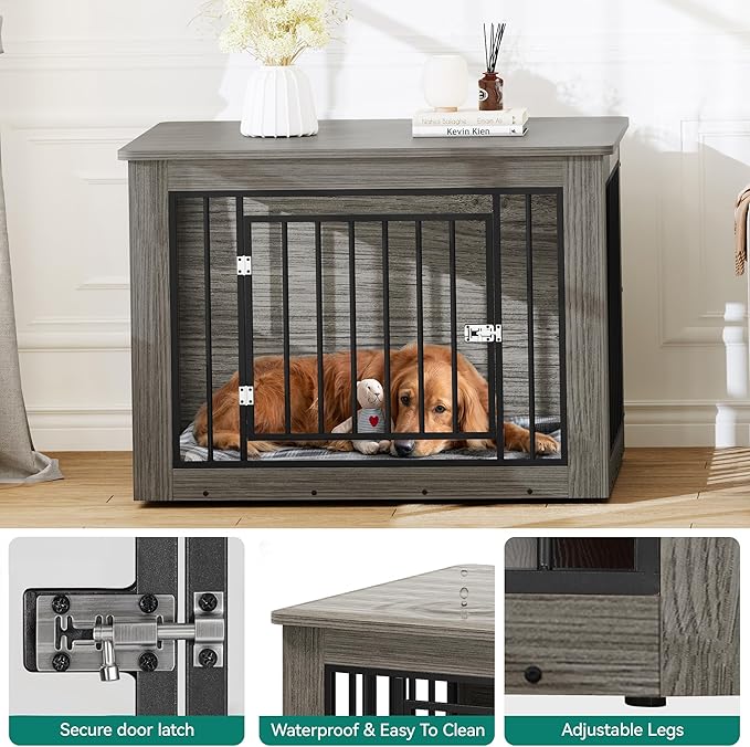 YITAHOME 43.7" L Dog Crate Furniture for Large Dogs, 2-in-1 Iron-Wood Fusion Dog Cage Indoor up to 80 lb, Modern Dogs Kennel Side End Table with Waterproof Top, Safety Corners, Steel Lock, Greige