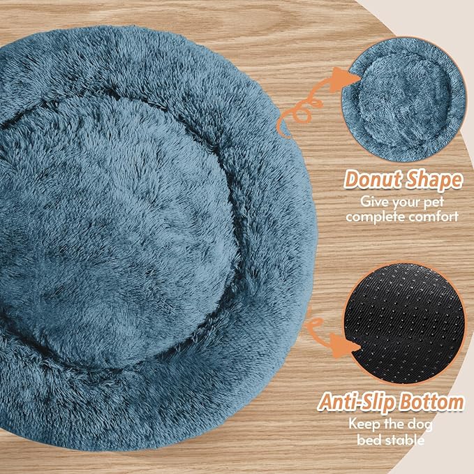 JOLLYVOGUE Small Dog & Cat Beds for Indoor Cats, Donut Cuddler Warming Soft Dog Beds with Anti-Slip Bottom, Round Calming Fluffy Plush Faux Fur Cushion Bed for Medium Dogs (31", Blue)