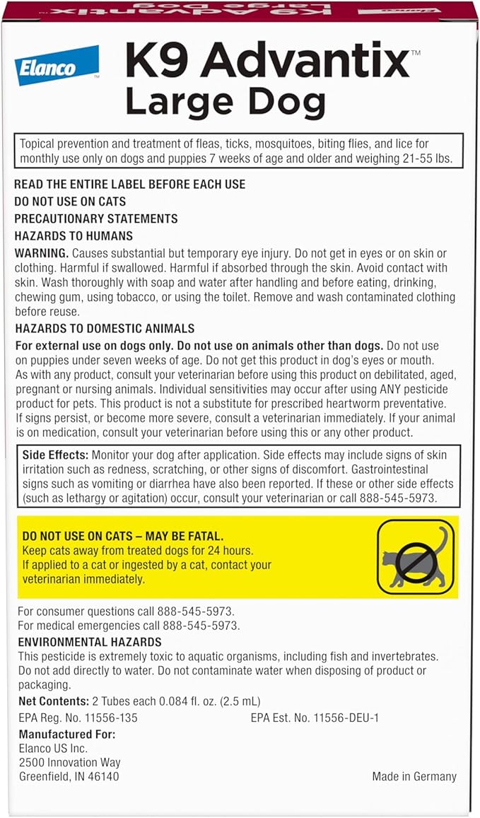 K9 Advantix Flea, Tick & Mosquito Prevention for Dogs 21-55 lbs. | Flea Drops for Large Dogs | Apply Monthly | 2 Treatments (Pack of 2)