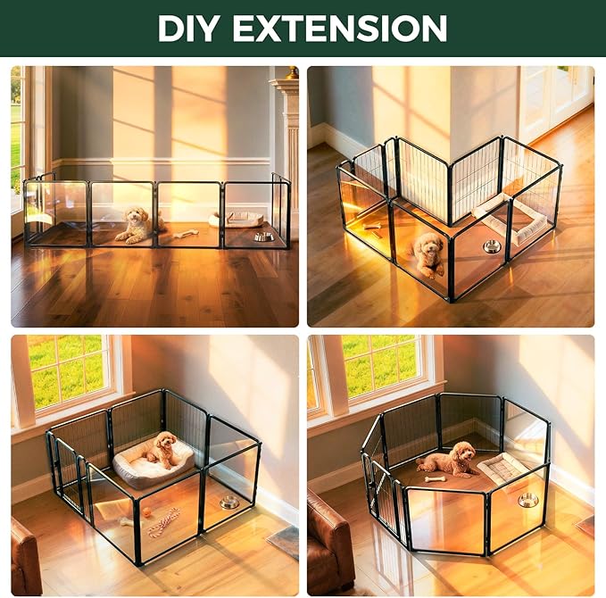 FXW Pawadise Acrylic & Wire Mesh Indoor Dog Playpen, Heavy Duty 24 Inch 8 Panels Metal Dog Pen for Puppy and Small Dogs, Black│Patented