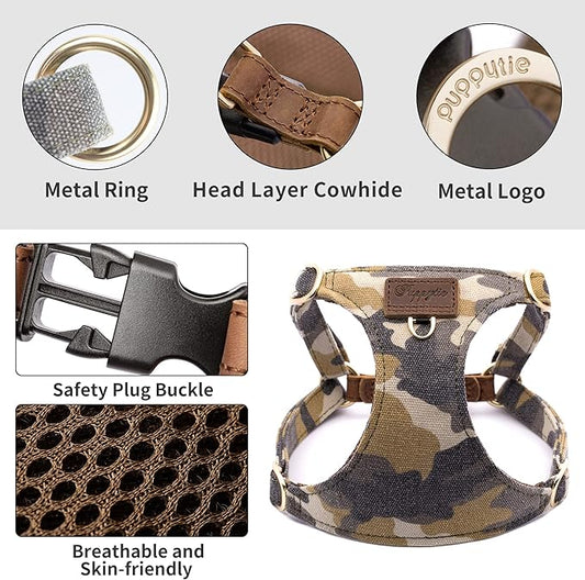 Puppytie Dog Harness & Multi-Function Leash Set for Medium Dogs (16lb-35lb), Camouflage Brown, M, No Pull, Easy Walk, Adjustable, Soft Dog Vest Harness, Fashionable Dog Accessories
