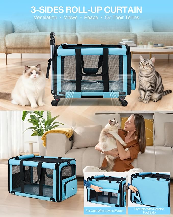MILADA Extra Large Cat Carrier with Wheels for Big Cats & Small Dogs Soft Sided Rolling Pet Carrier Detachable XL Cat Stroller for Travel, Hiking, Vet & Hospital Use, Blue