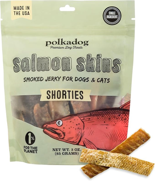 Polkadog Salmon Skins for Dogs (3oz Shortie) – All-Natural Dog Treats – Made in USA, Single Ingredient, Omega-3 Rich, Grain-Free & Hypoallergenic Salmon Jerky for All Breeds