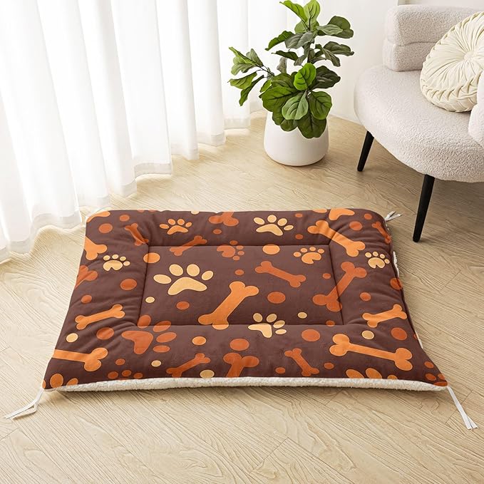 Dog Crate Bed Washable Crate Pad Cartoon Paws Bone Printed Soft Fluffy Pet Sleeping Mat for Large Medium Small Animals(Bone-4 S)