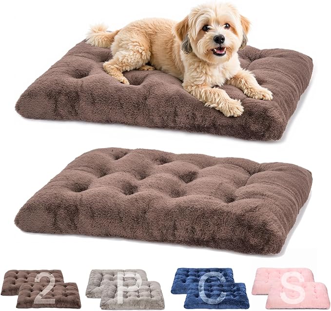 POMIU 2-Pack Washable Dog Bed, Deluxe Plush Crate Beds with Anti-Slip, Machine Washable Kennel Pad Sleeping Mat for Large, Medium and Small Dogs (2 Pack x Coffee, 23.0" L x 18.0" W x 3.0" Th)