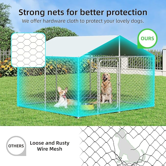 7.8x7.8 ft Outdoor Dog Kennel Outside with Metal Gate Large Dog, Outdoor Dog Pens with Roof, Heavy Duty Dog Kennel for Backyard Farm Use (93x93x63IN)