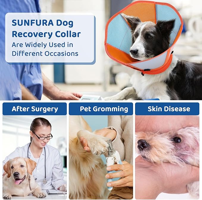 SUNFURA Dog Cone - Soft Cone for Dogs to Stop Licking, Pet E-Collar Alternative After Surgery, Adjustable Pet Recovery Collar for Wound Healing, Orange Blue Small