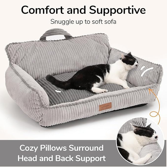 FUKUMARU Dog Couch Bed, Fluffy Corduroy Cat Beds for Indoor Cats with Washable Cover, Waterproof Small Dog Sofa Beds with Portable Handle and Anti-Slip Bottom, Pet Beds & Furniture 28inch, Grey