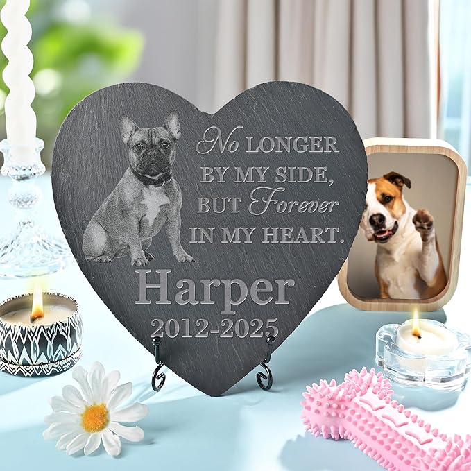Pet Memorial Stone with Photo, Dog Memorial Gifts for Loss of Dog, Personalized Pet Memorial Gifts, Pet Loss Gift - Forever in My Heart（Heart）