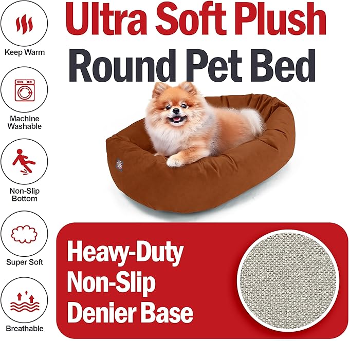 Majestic Pet 24 Inch Suede Calming Dog Bed Washable 24x19x7 (Inch) – Cozy Soft Round Donut Dog Bed with Spine Support for Dogs to Rest Their Head - Pet Bed Small – Rust (2025)