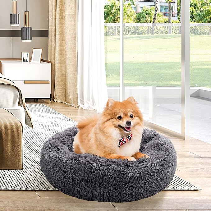 NOYAL Calming Donut Dog Bed for Small to Medium Dogs & Cats - Plush Faux Fur Anti-Anxiety Pet Bed with Machine Washable Cover & Non-Slip Base