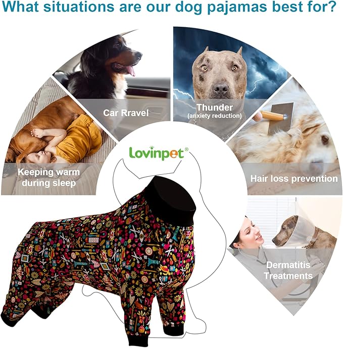 LovinPet Pet Pajamas for Pit Bulls, Full Coverage Dog Pjs with Black Trim, Decoupage Ink Print, Post Surgery Shirt, UV Protection, Pet Anxiety Relief Shirt, Large Dog Jammies, Pitbull Clothes, 2XL