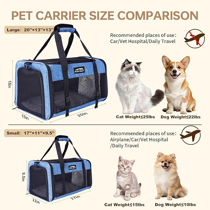 Large Cat/Dog Carrier up to 25 Pounds, Portable Soft Sided Pet Travel Carriers for Medium Big Cats and Puppy, Collapsible Puppy Crate Outdoor 20x13x13in, Dark Blue