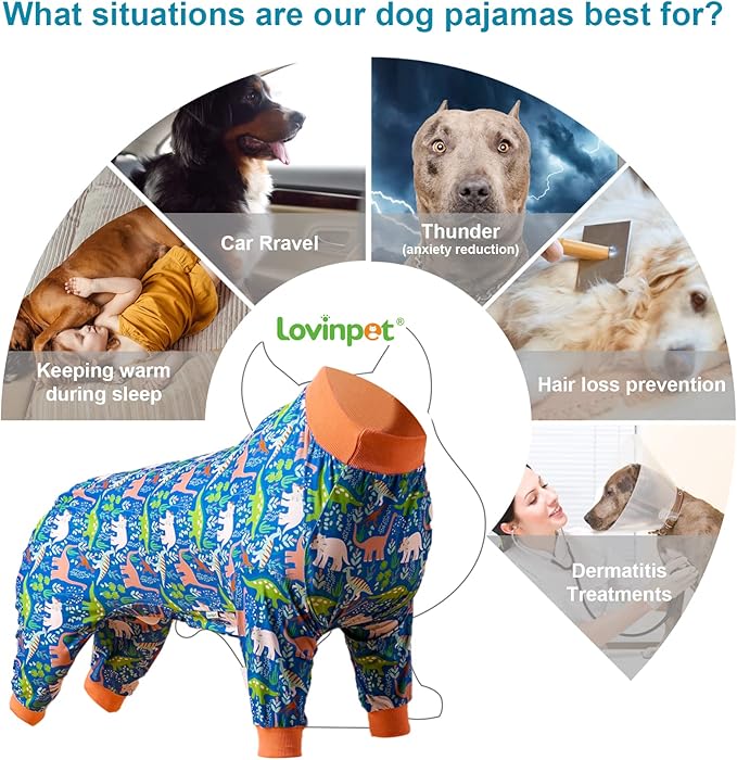 LovinPet Large Breed Dog Clothes Pajamas, Wound Care/Post Surgery Full Coverage Shirt, Dinosaur Land Blue Print, Lightweight Stretchy Knit Pullover Dog Onesie, Pet Pajamas for Dogs, Pet PJ's, XL