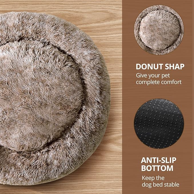JOLLYVOGUE Small Dog & Cat Beds for Indoor Cats, Donut Cuddler Warming Soft Dog Beds with Anti-Slip Bottom, Round Calming Fluffy Plush Faux Fur Cushion Bed for Medium Dogs (27", Smoke Brown)