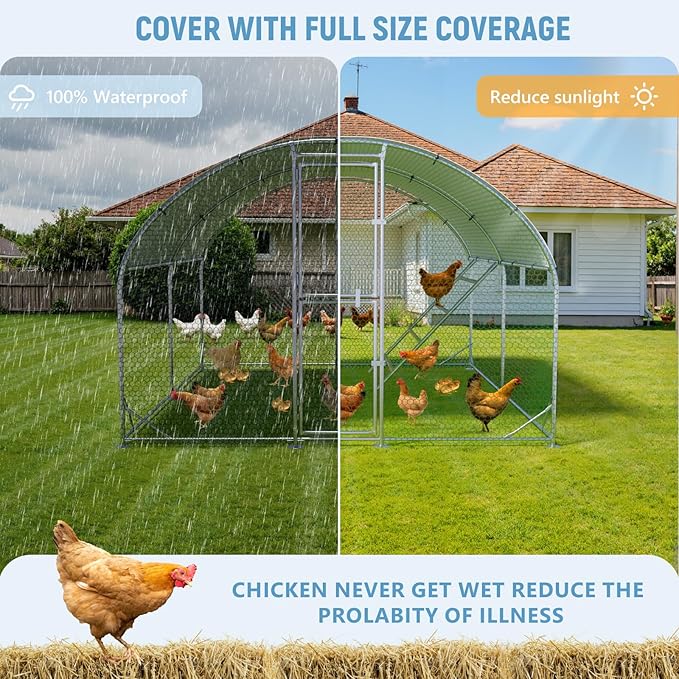 Large Metal Chicken Coop,10x13x6.5FT Chicken Run for Yard with Feeding Door, Round Top Walk-in Chicken Pen,Outdoor Poultry Cage with Anti-UV Cover,Duck Rabbit House