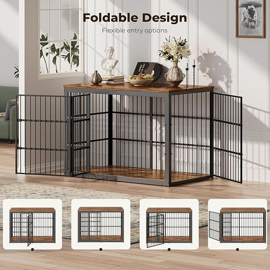 Lyromix 54" Dog Crate Furniture with Foldable Door, XXL Dog Crates for Large Dogs, Wooden Decorative Dog Cage Kennel Indoor End Table, Rustic Brown