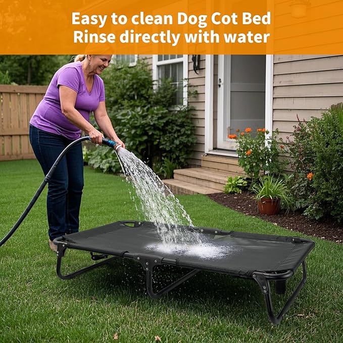 Foldable Elevated Dog Bed, No Assembly Need, Waterproof Folding Raised Dog Bed, Outdoor Dogs Cot Cooling Pet Hammock Bed with Breathable Mesh for Small Medium Size Dogs, Chew-Proof, Black
