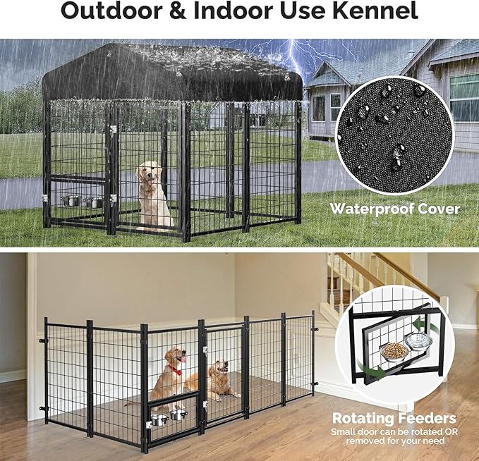 Sino Luban Outdoor Dog Kennel Outside Run with Doggy Door, Swivel Feeder&Roof - 5x5x5FT Large Dog Kennels Pens Outside for Medium/Large Dogs - Heavy Duty Cage Yard (Can Connect to Your Dog House)