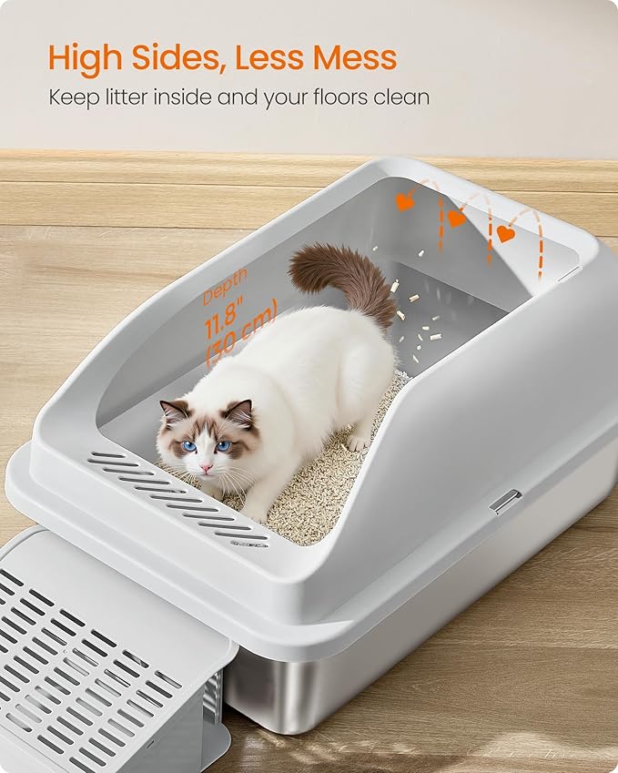 Feandrea 2 Pack Stainless Steel Cat Litter Boxes with Open Top, High Sided Litter Trays with Step, Scoop, Brush, for Cats up to 33 lb, Dove Gray UPPT012GD01