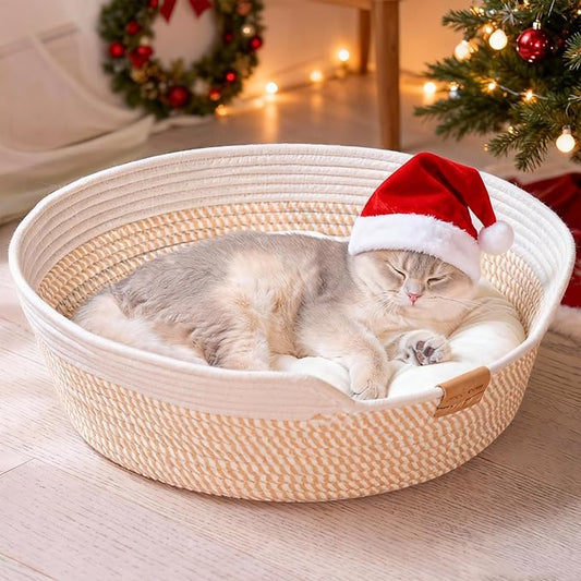 CHEERHOME PETS Cat Bed Basket with Cushion, Cute Pet Bed for Indoor Cats Couch, Kitten Bed for Medium and Large Cat, All Season Universal (White)