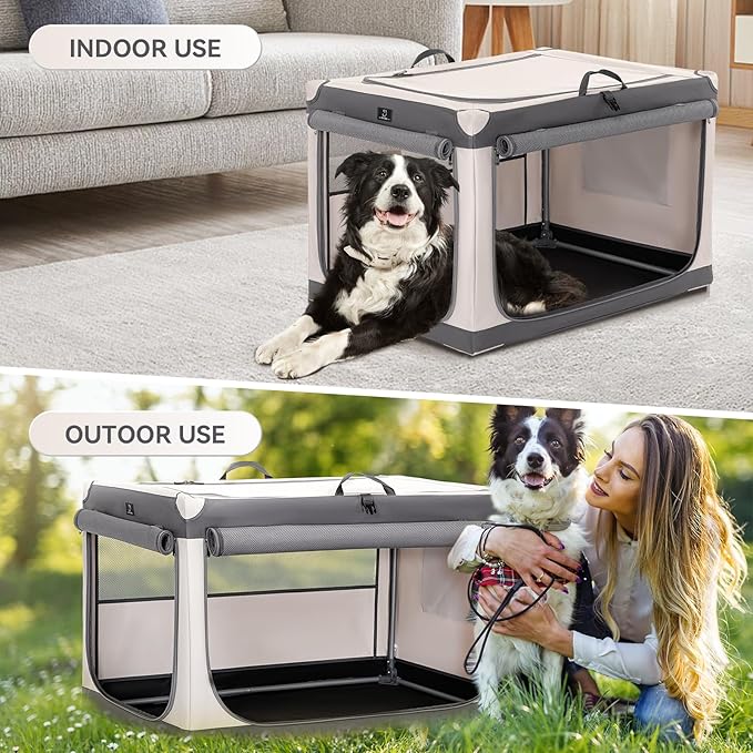 A 4 Pet Soft Dog Crate 36 Inch Mid Portable Collapsible Pet Travel Kennel, 3-Door Soft-Sided Lockable Zippers & Reinforced Steel Frame, Easy Setup, Mesh Panels — Ideal for SUV, Car, Camping & Home Use