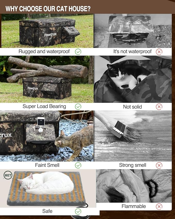 Heated Cat House for Outside with Dual Doors, Insulated Cat House Outdoor with Heating Pad, Weatherproof Heated Outdoor Cats Houses Waterrproof for Feral Cats (Leaf, 17" L x 12" W x 13" H)