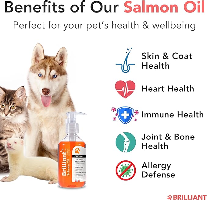 Brilliant Salmon Oil for Dogs, Cats & Puppies | Omega 3 Fish Oil Liquid Supplement with DHA, EPA Fatty Acids | Supports Skin and Coat, Immune System & Joint Function | Hofseth BioCare (10oz)