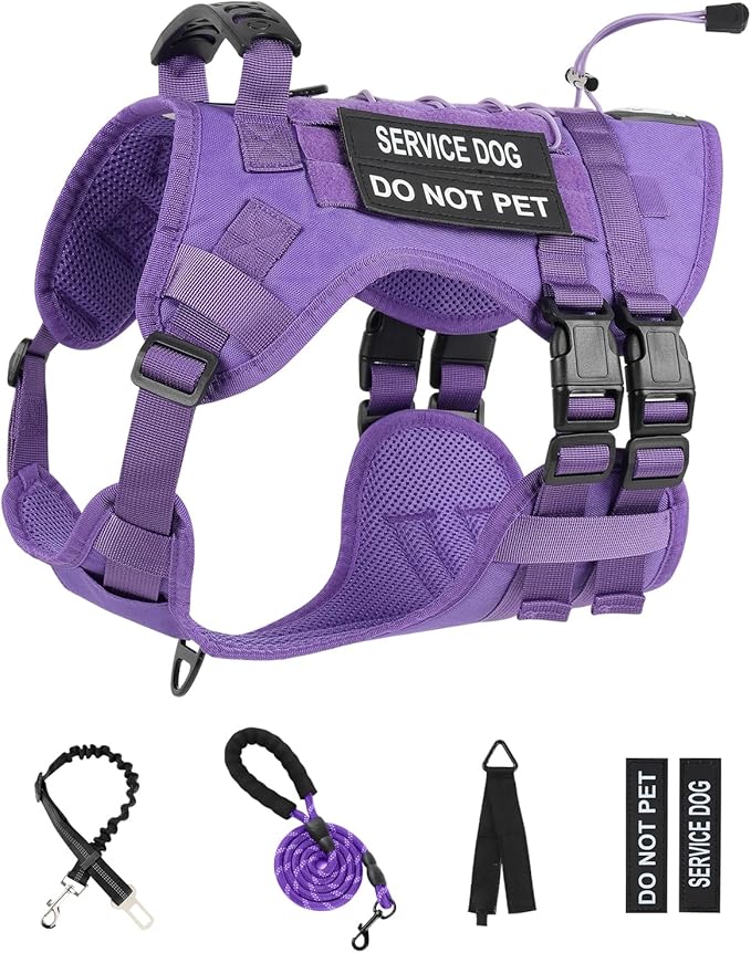 No Pull Tactical Dog Harness for Large Dogs, Escape Proof Molle Dog Vest Harness and Leash Set, Adjustable Military Service Dog Harness with Handle for Medium Large Dogs(Purple, L)