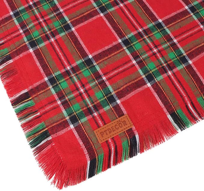 PTDECOR Christmas Dog Bandanas with Tassels Edges, 2 Pack Red Green Plaid Scarf Bib, Reversible Triangle Xmas Bandanas for Small Dogs Puppies Cats(Small)