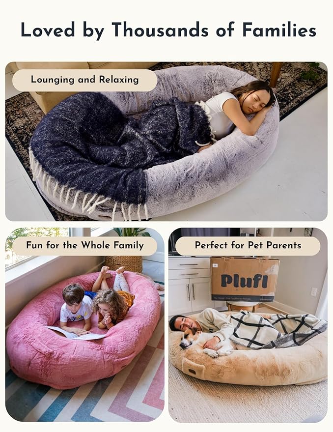 Plufl, The Original Human Dog Bed for Adults, Kids, and Pets. As Seen on Shark Tank. Comfy Plush Large Bean Bag with Memory Foam, Machine Washable, and Durable. Perfect nap and Floor Bed - Black
