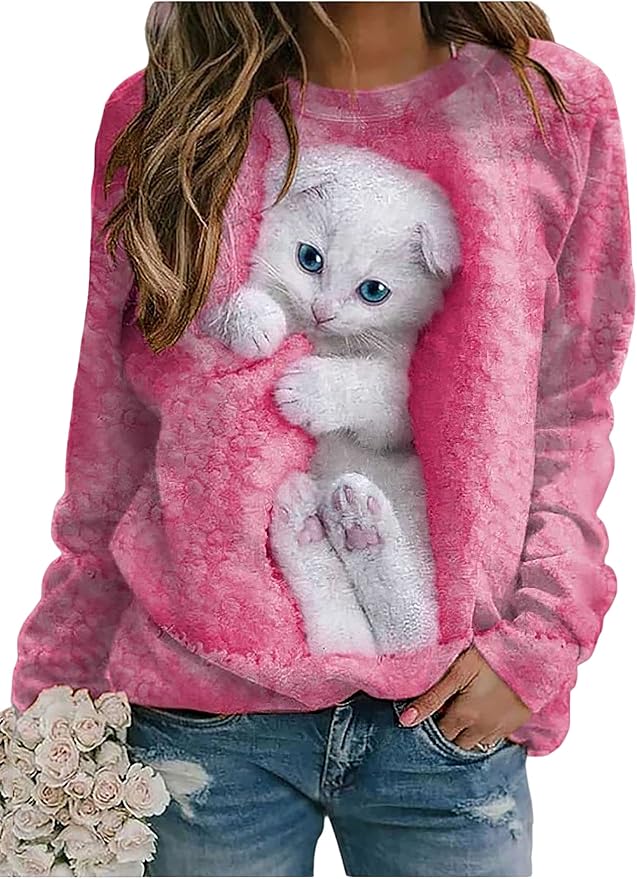 TIAFORD Womens Cute Cats Graphic Crewneck Sweatshirt Winter Trendy Casual Plus Size Long Sleeve Shirt for Cats Lovers