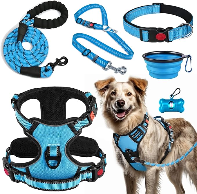 No Pull Dog Harness, Collar & Leash Set | Includes Dog Seat Belt, Collapsible Bowls & Poop Bag Dispenser. Ideal for Training, Walking, Hiking. Fits Small to Large Dogs(Blue-L)
