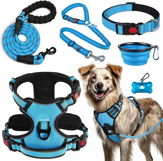 No Pull Dog Harness, Collar & Leash Set | Includes Dog Seat Belt, Collapsible Bowls & Poop Bag Dispenser. Ideal for Training, Walking, Hiking. Fits Small to Large Dogs(Blue-L)