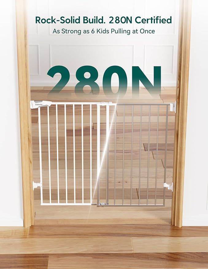 Babelio Baby Gate for Stairs, Kitchen & Doorways, No Bottom Bar| Easy Installation| One-Handed Operation| Auto-Close| Hardware Mount (Drill Needed) Safety Dog Gate (White-B17, 29-49" W, 28" H)