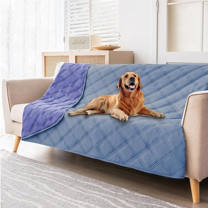 fuguitex Waterproof Dog Blanket Reversible for Small Dogs Resistant Leakproof Washable Couch Cushion Bed Protector Cover for Indoor Furniture Pet Friendly(82"*82",Violet Blue+ Light Blue)