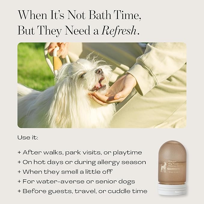 Dog Rinse-Free Towel Cleanse Shampoo & Conditioner with Bath Mitt – Sensitive Skin, Stress & Itch Relief Gentle Leave-in Serum – 98.65% Naturally Derived, Hydrate & Deodorize – 8 × 10ml