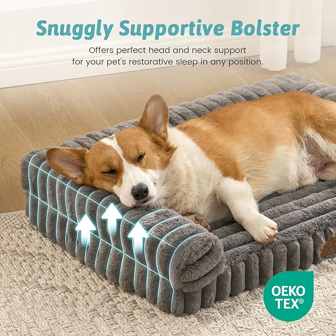 Cute Dog Bed for Small Dogs, Faux Fur Orthopedic Foam Dog Bed with Sides, Removable Washable Cover & Waterproof Lining, Comfortable Pet Couch, Grey (30" L x 20" W x 6" Th)