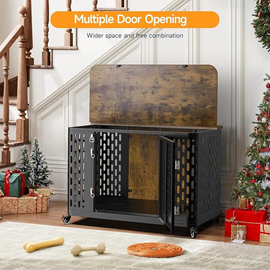 ONBRILL Dog Crate with Cushion, 38" Wood Heavy Duty Dog Crate Furniture with Flip Top & Wheels for High Anxiety Dog, Escape Proof Pet Cage for Small/Medium Dogs