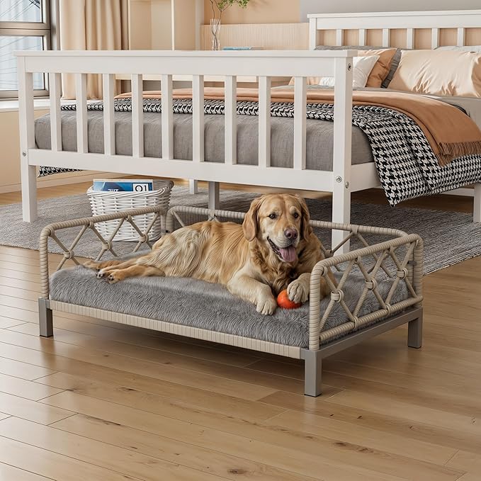 Dog Bed with Cushion, Cooling Elevated Raised Beds with Rattan Breathable Mesh and Universal Mat, Indoor & Outdoor Pet Cots for Large Dog, Grey