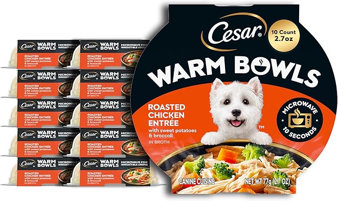 Cesar Warm Bowls Wet Dog Food Roasted Chicken Entree with Sweet Potatoes & Broccoli in Broth, 2.7 oz. Bowls, 10 Count (Pack of 1)