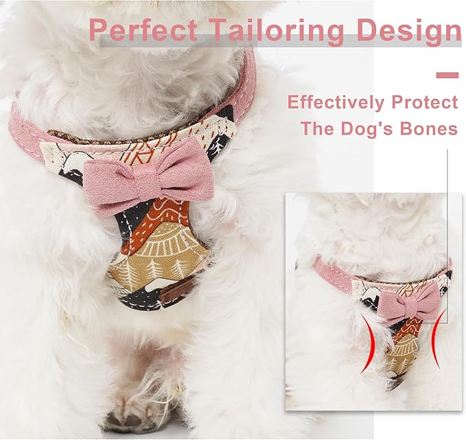 Puppytie No Pull Small Dog Harness with Multifunction Dog Leash,Lightweight Soft Adjustable No Choke Escape Proof Pet Harness Vest Pet Harness Vest,Suede Bow Pink,S