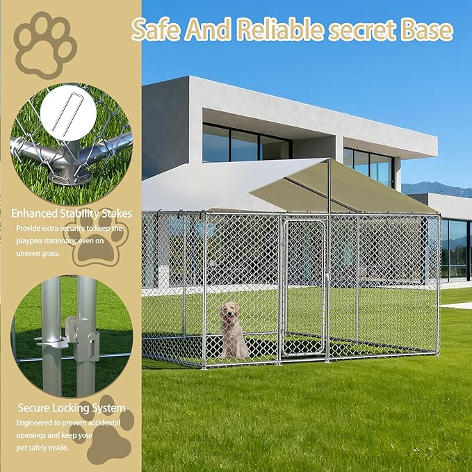 7.8x7.8 ft Outdoor Dog Kennel Outside with Metal Gate Large Dog, Outdoor Dog Pens with Roof, Heavy Duty Dog Kennel for Backyard Farm Use (93x93x63IN)