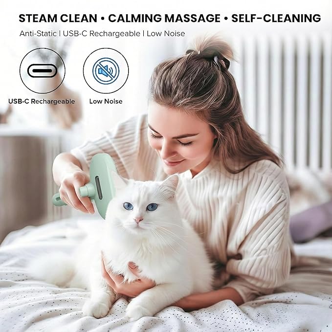 3-in-1 Anti-Static Pet Steam Brush for Dogs & Cats - Steam Clean, Calming Massage & Self-Cleaning Hair Ejection, Quick Heat-Up, USB-C Rechargeable, Low-Noise Deshedding & Dematting - Green